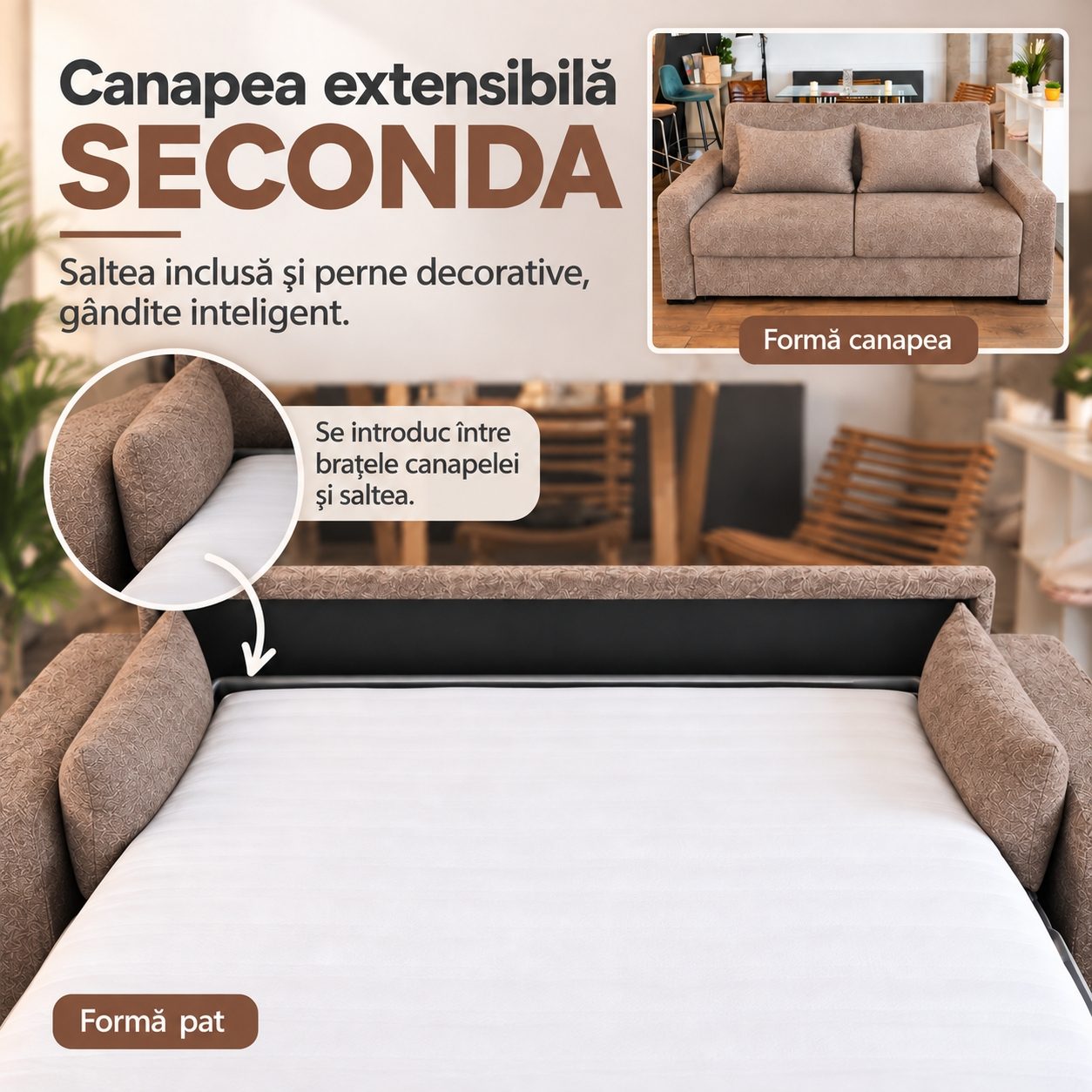 Canapea extensibilă SECONDA în formă de canapea și de pat